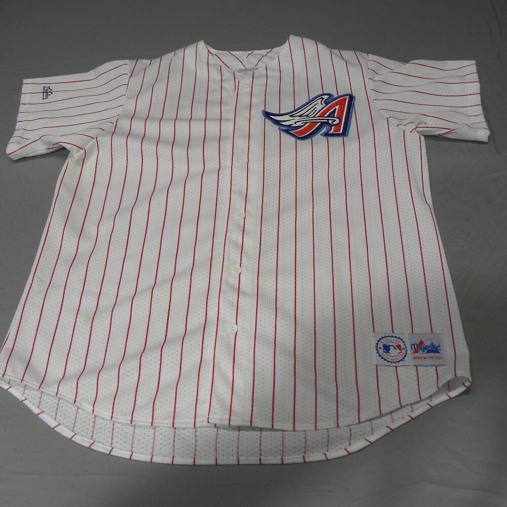 VINTAGE RARE MAJESTIC ANAHEIM ANGELS PINSTRIPE BASEBALL JERSEY IN SIZE L